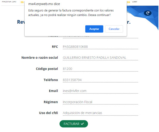 Ventana de confirmación de facturación